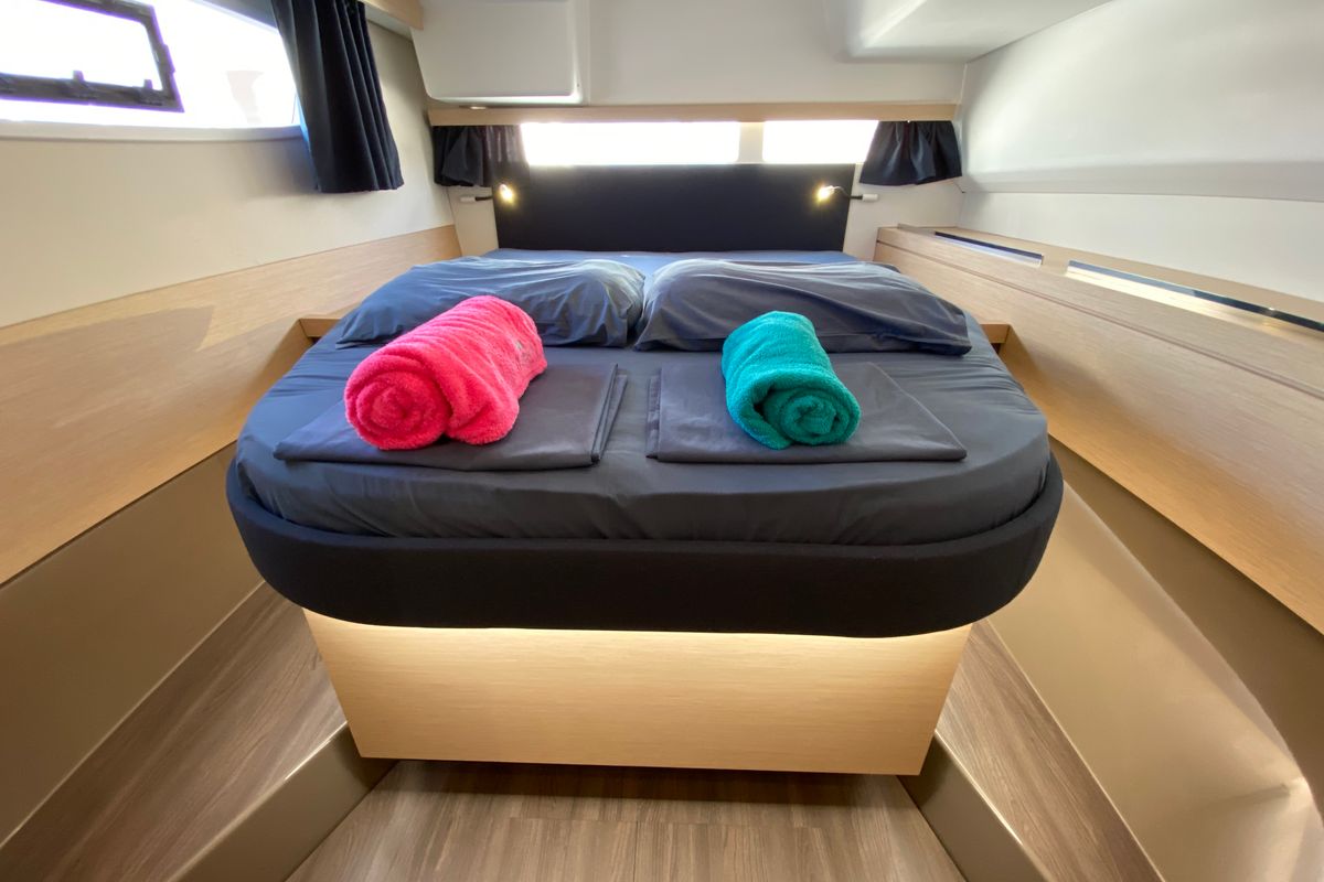 Cabin on Aquila, a Fountaine Pajot Lucia 40 catamaran at Ibiza, Spain