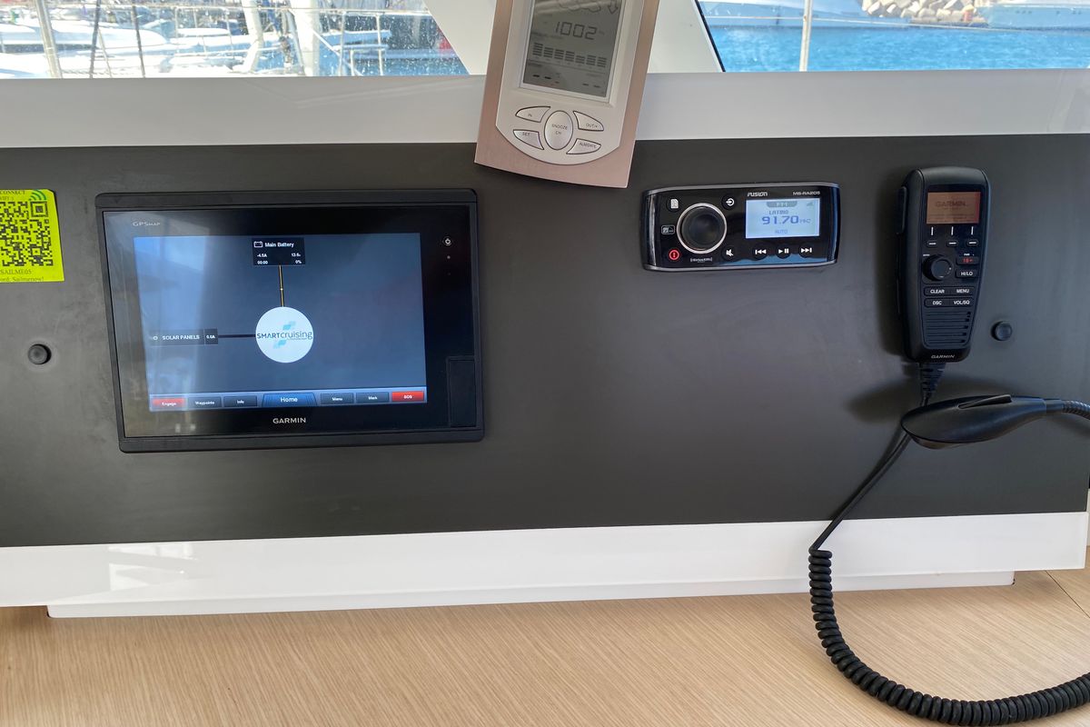 Cockpit of Aquila, a Fountaine Pajot Lucia 40 catamaran at Ibiza, Spain