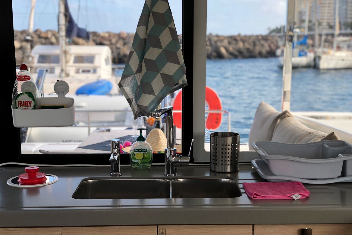 Galley of Aquila, a Fountaine Pajot Lucia 40 catamaran at Ibiza, Spain