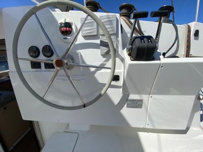Cockpit of Aquila, a Fountaine Pajot Lucia 40 catamaran at Ibiza, Spain
