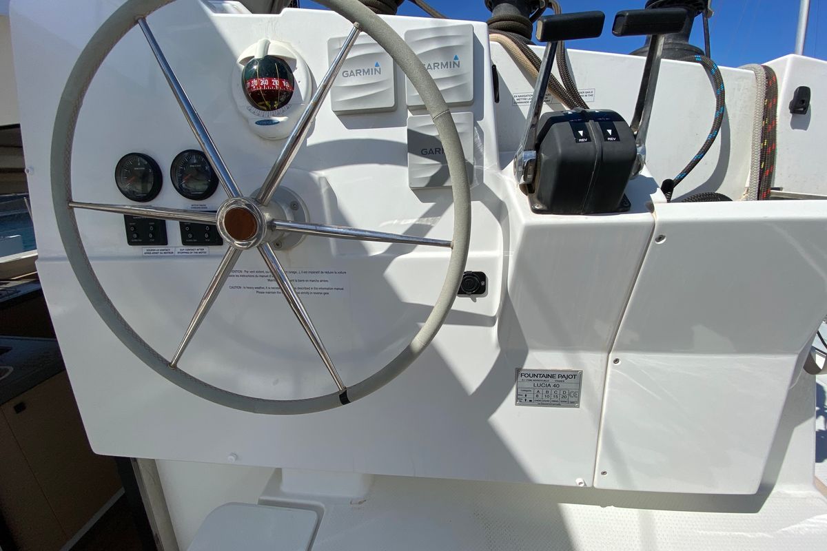 Cockpit of Aquila, a Fountaine Pajot Lucia 40 catamaran at Ibiza, Spain
