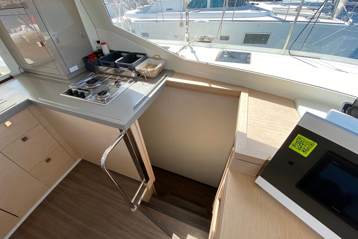 Galley of Aquila, a Fountaine Pajot Lucia 40 catamaran at Ibiza, Spain