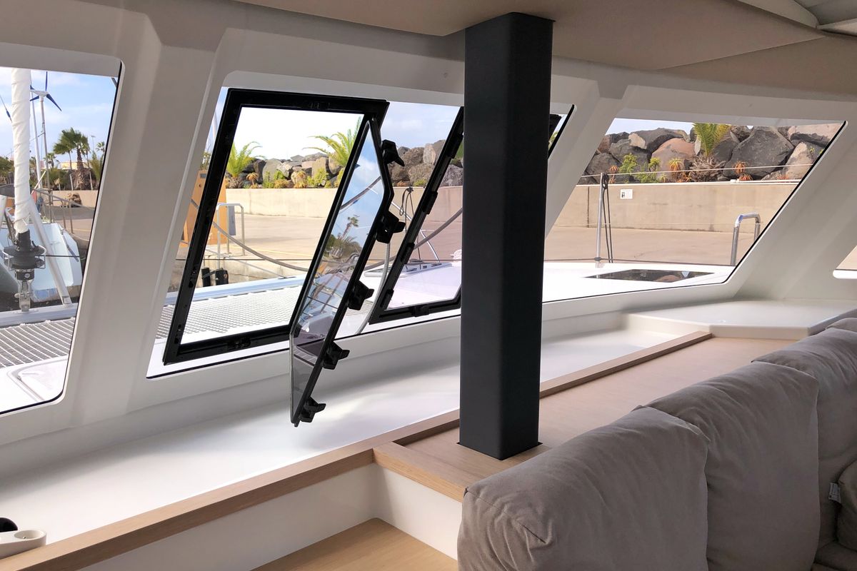 Salon of Aquila, a Fountaine Pajot Lucia 40 catamaran at Ibiza, Spain