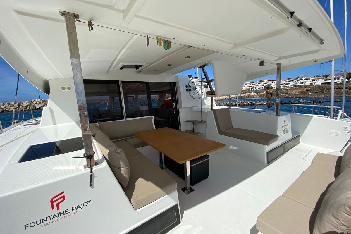 Deck of Aquila, a Fountaine Pajot Lucia 40 catamaran at Ibiza, Spain