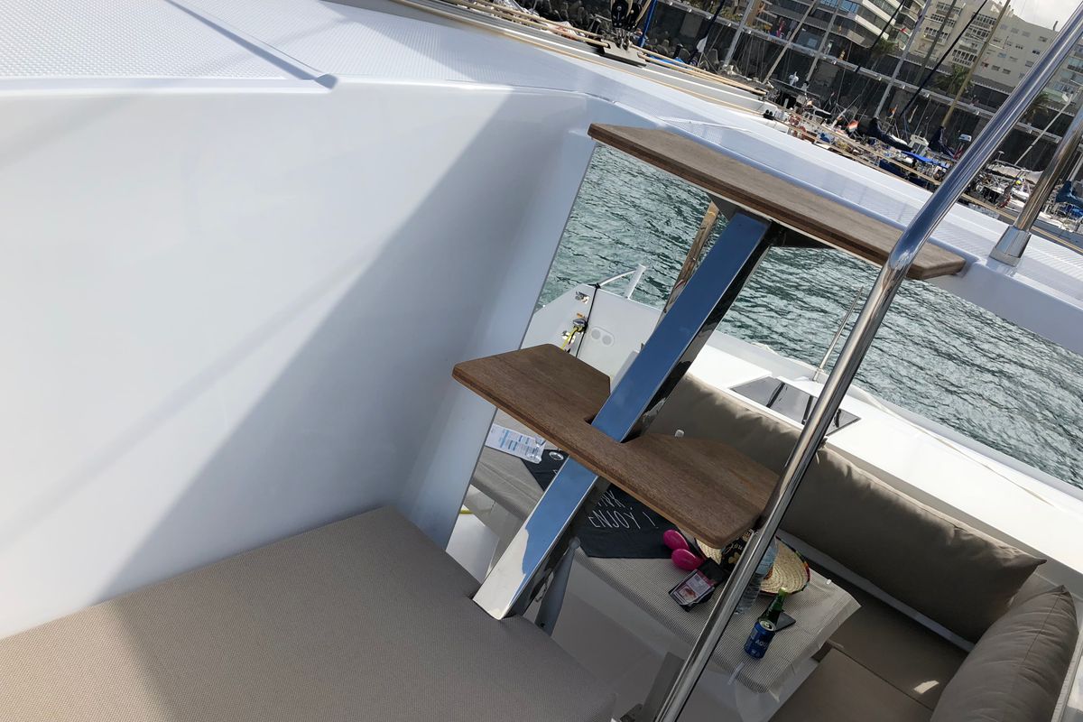 Deck of Aquila, a Fountaine Pajot Lucia 40 catamaran at Ibiza, Spain