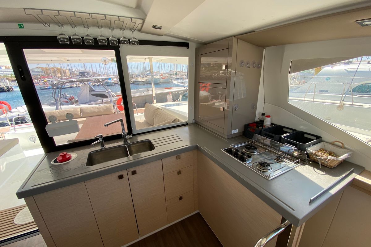 Galley of Aquila, a Fountaine Pajot Lucia 40 catamaran at Ibiza, Spain