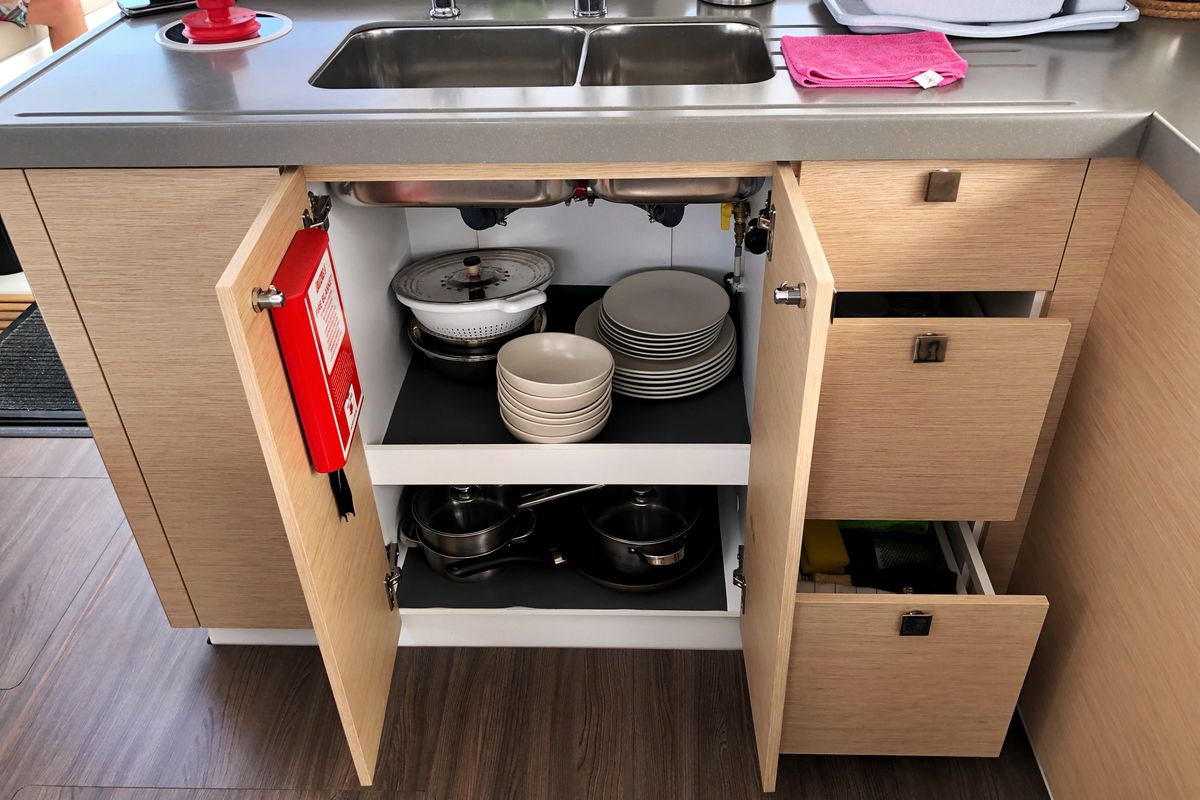 Galley of Aquila, a Fountaine Pajot Lucia 40 catamaran at Ibiza, Spain