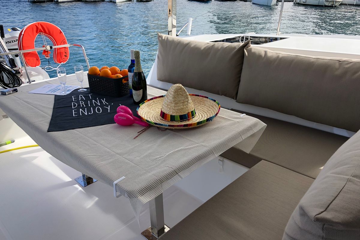 Deck of Aquila, a Fountaine Pajot Lucia 40 catamaran at Ibiza, Spain