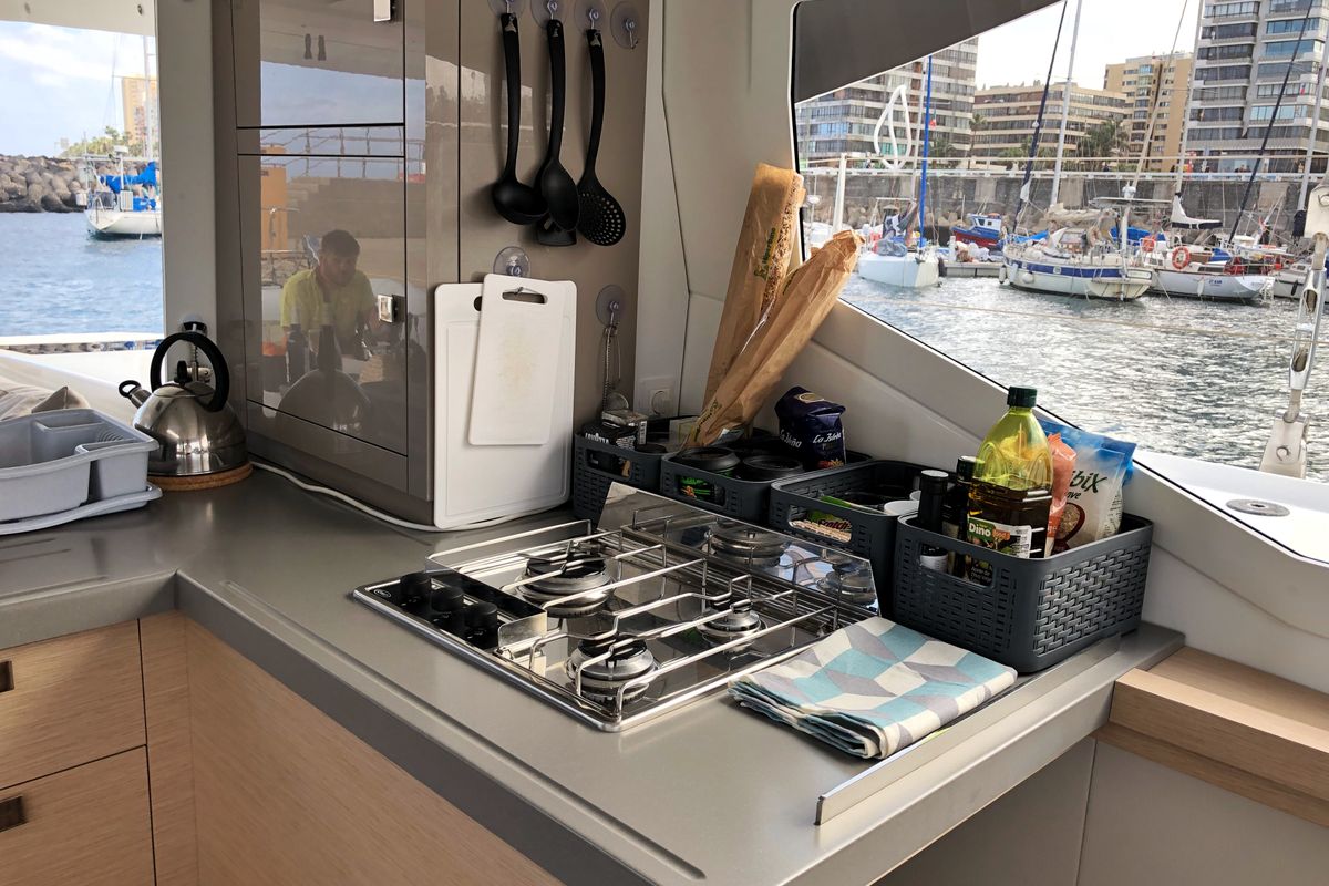 Galley of Aquila, a Fountaine Pajot Lucia 40 catamaran at Ibiza, Spain
