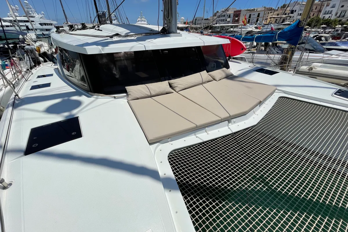 Deck of Aquila, a Fountaine Pajot Lucia 40 catamaran at Ibiza, Spain