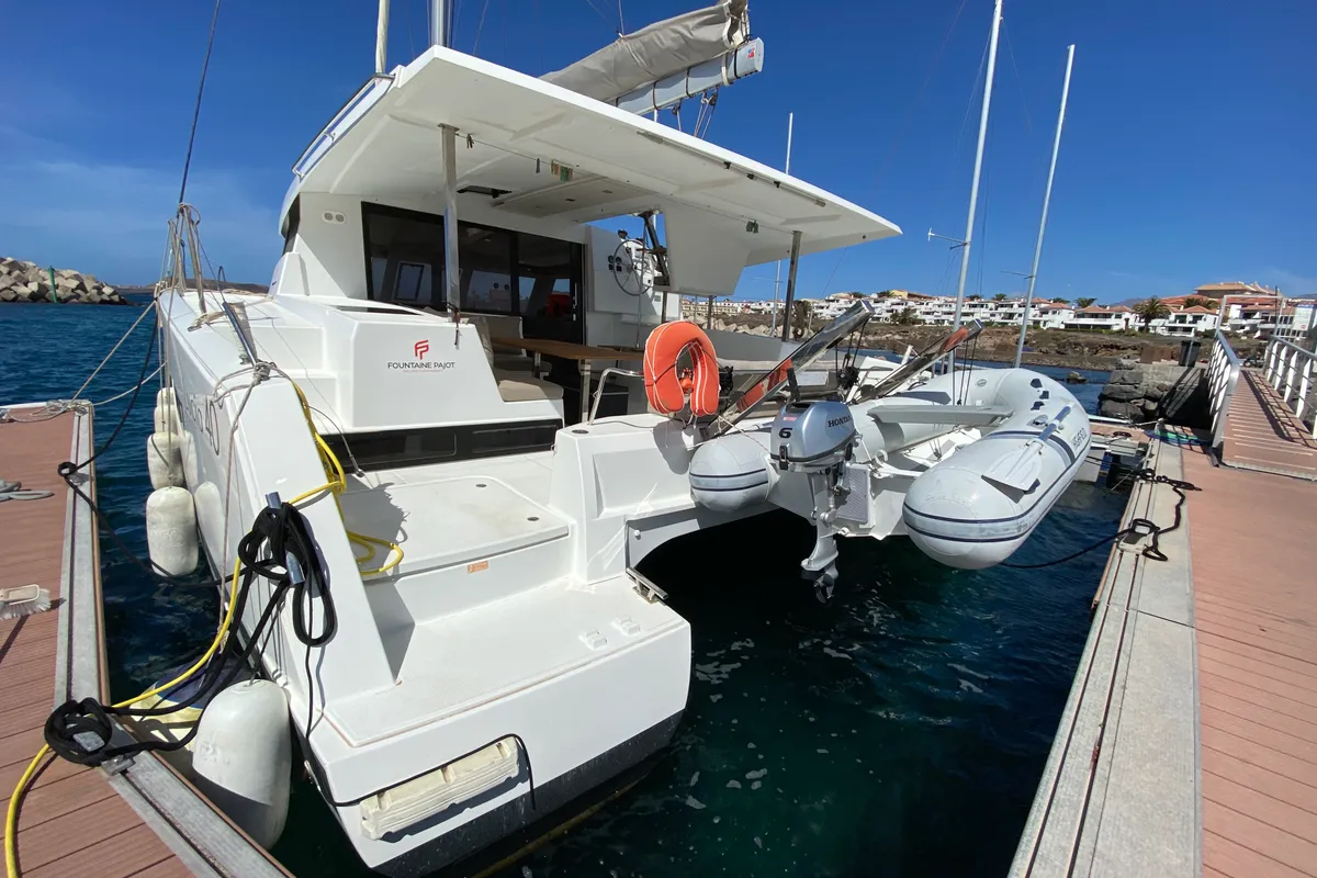 Exterior view of Aquila, a Fountaine Pajot Lucia 40 catamaran at Ibiza, Spain
