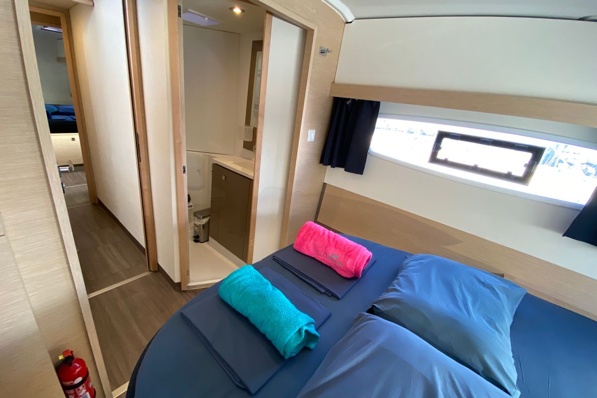 Cabin on Aquila, a Fountaine Pajot Lucia 40 catamaran at Ibiza, Spain