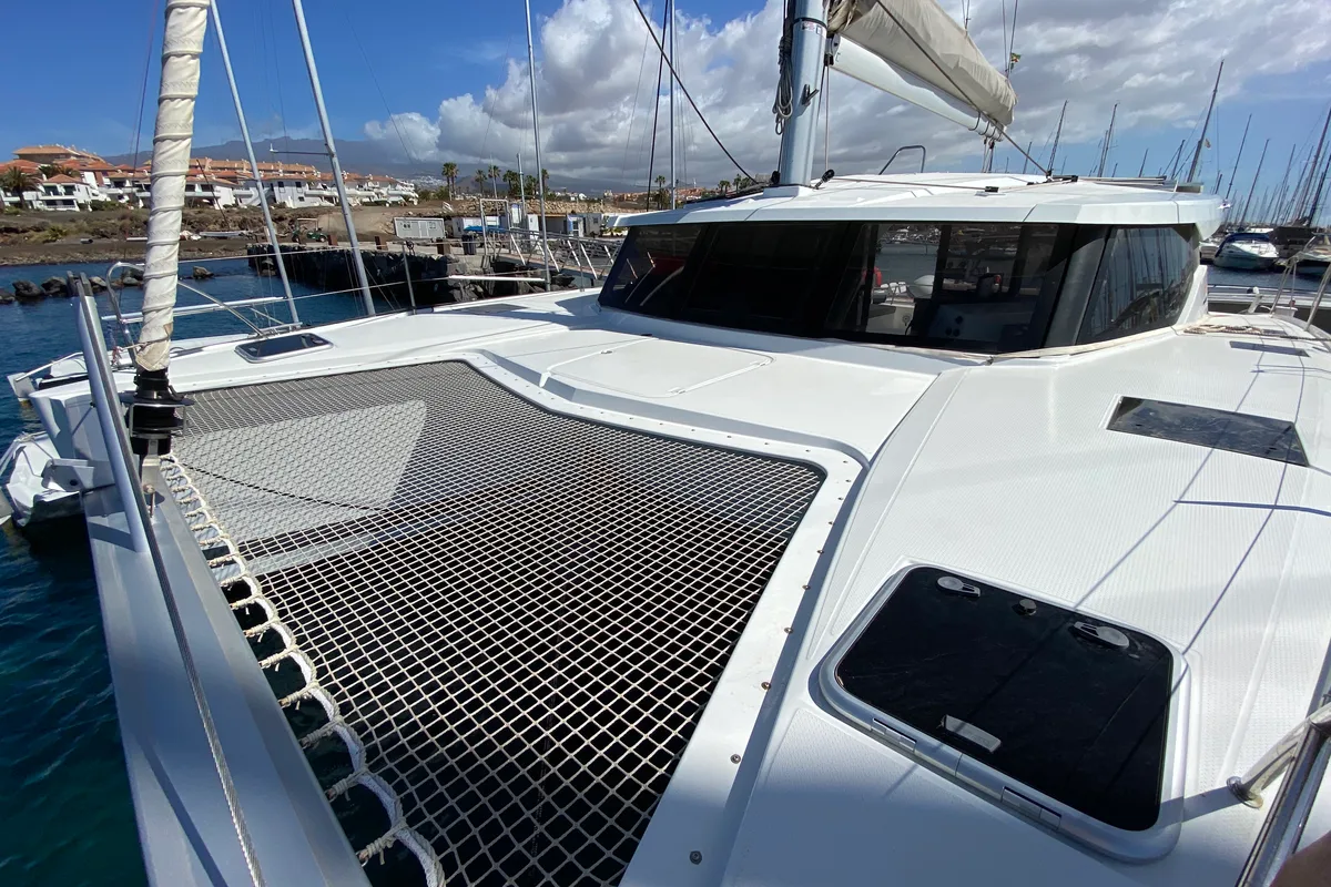 Exterior view of Aquila, a Fountaine Pajot Lucia 40 catamaran at Ibiza, Spain
