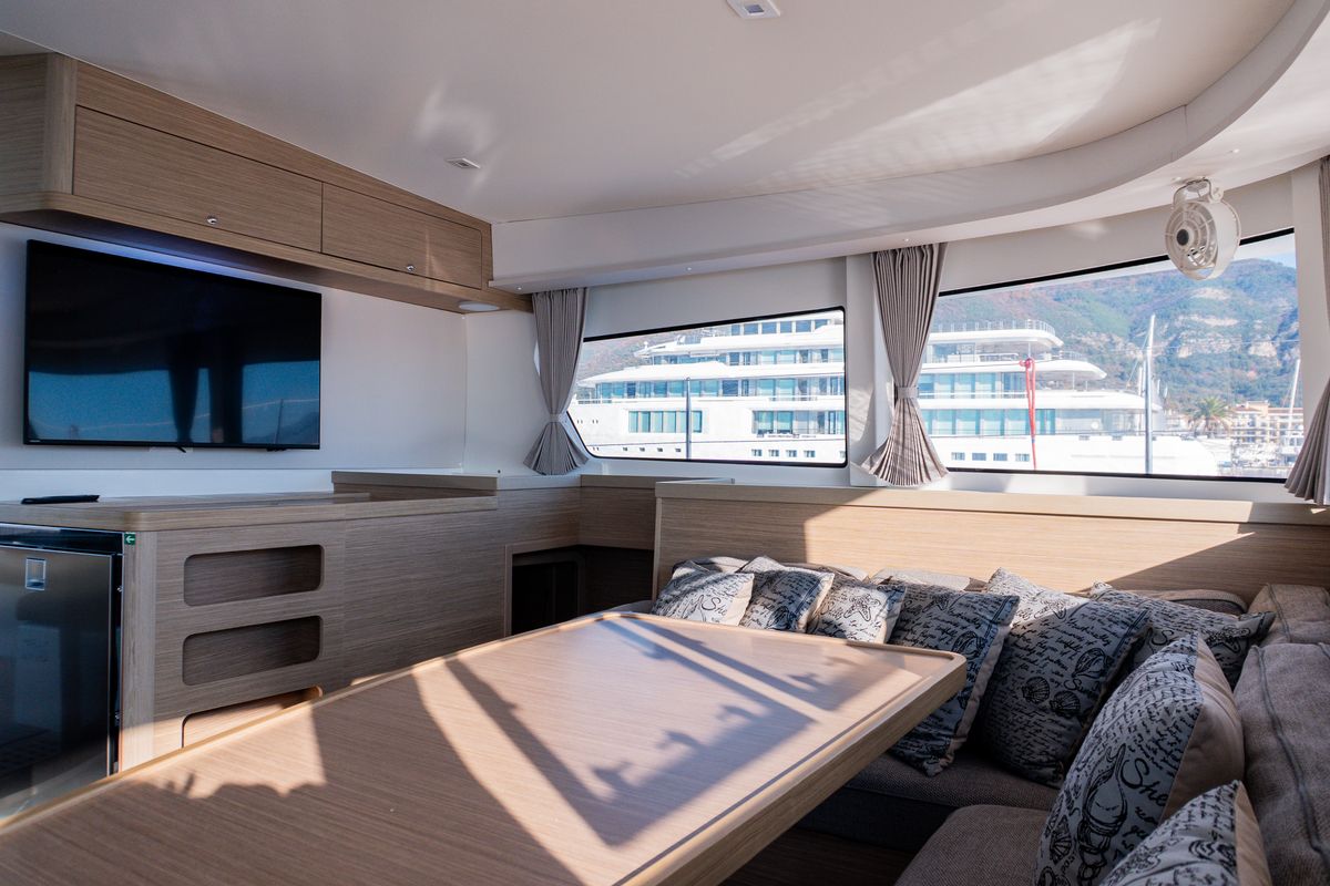 Salon of Lyubushka, a Lagoon 42 catamaran at Tivat, Montenegro