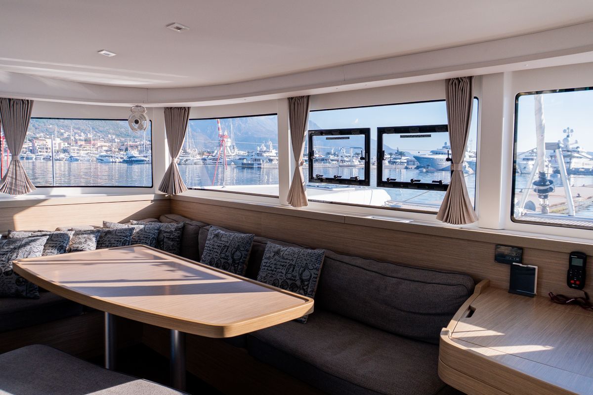 Salon of Lyubushka, a Lagoon 42 catamaran at Tivat, Montenegro