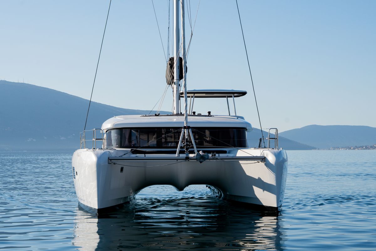Exterior view of Lyubushka, a Lagoon 42 catamaran at Tivat, Montenegro