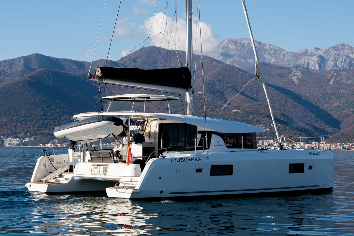 Exterior view of Lyubushka, a Lagoon 42 catamaran at Tivat, Montenegro