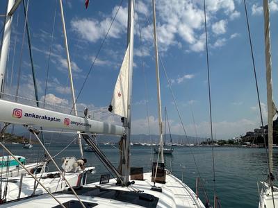Deck of Kummsal, a Dufour 430 GL sailboat at Fethiye, Turkey