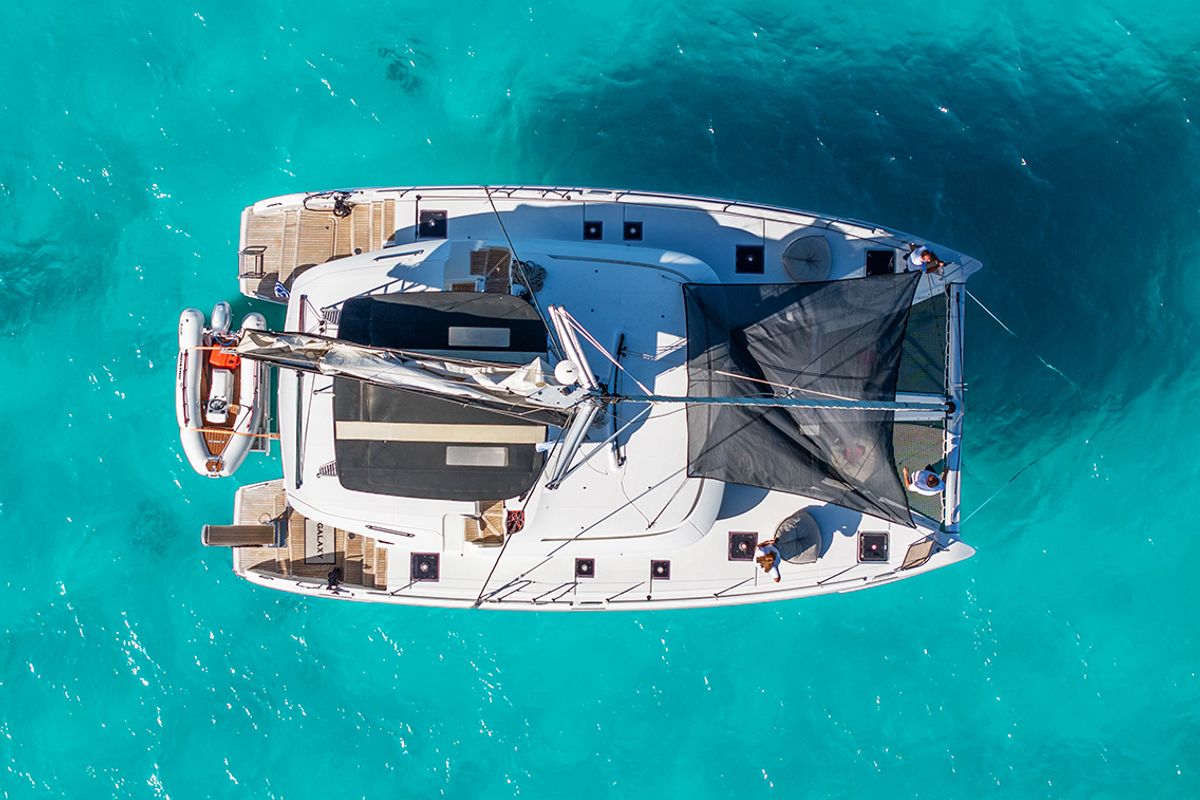 Exterior view of Galaxy, a Lagoon 46 catamaran at Athens, Greece