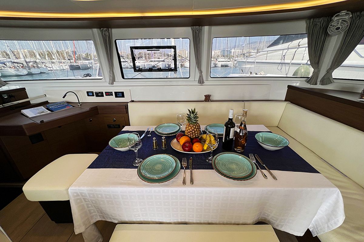 Salon of Galaxy, a Lagoon 46 catamaran at Athens, Greece