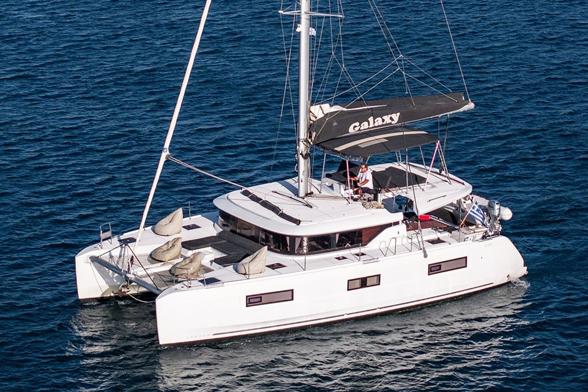 Exterior view of Galaxy, a Lagoon 46 catamaran at Athens, Greece