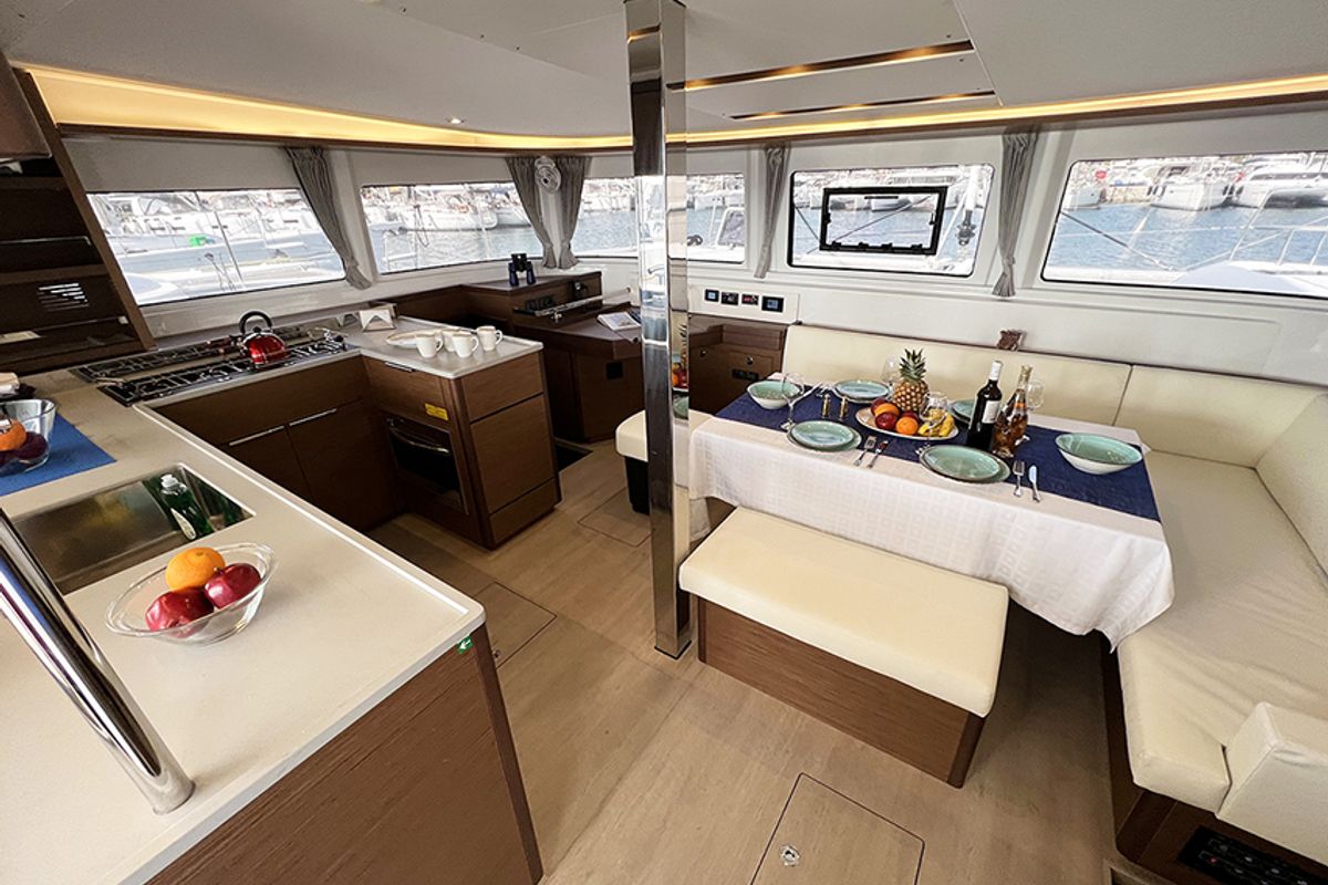 Salon of Galaxy, a Lagoon 46 catamaran at Athens, Greece