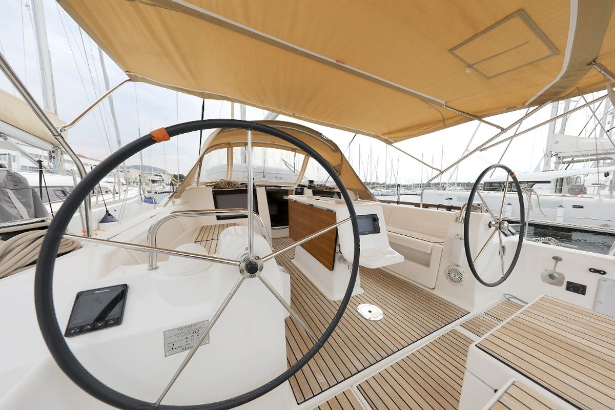 Cockpit of 3 Friends, a Dufour 412 GL sailboat at Primošten, Croatia