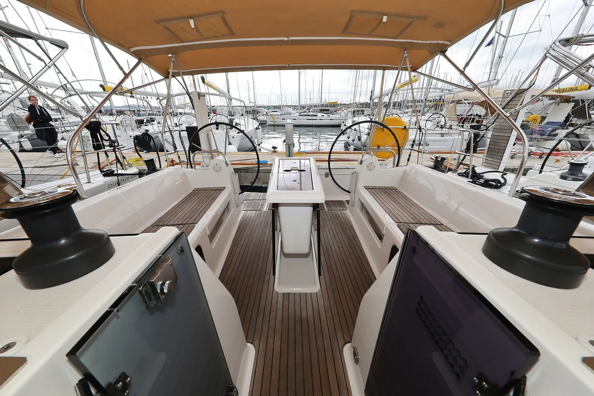 Cockpit of 3 Friends, a Dufour 412 GL sailboat at Primošten, Croatia