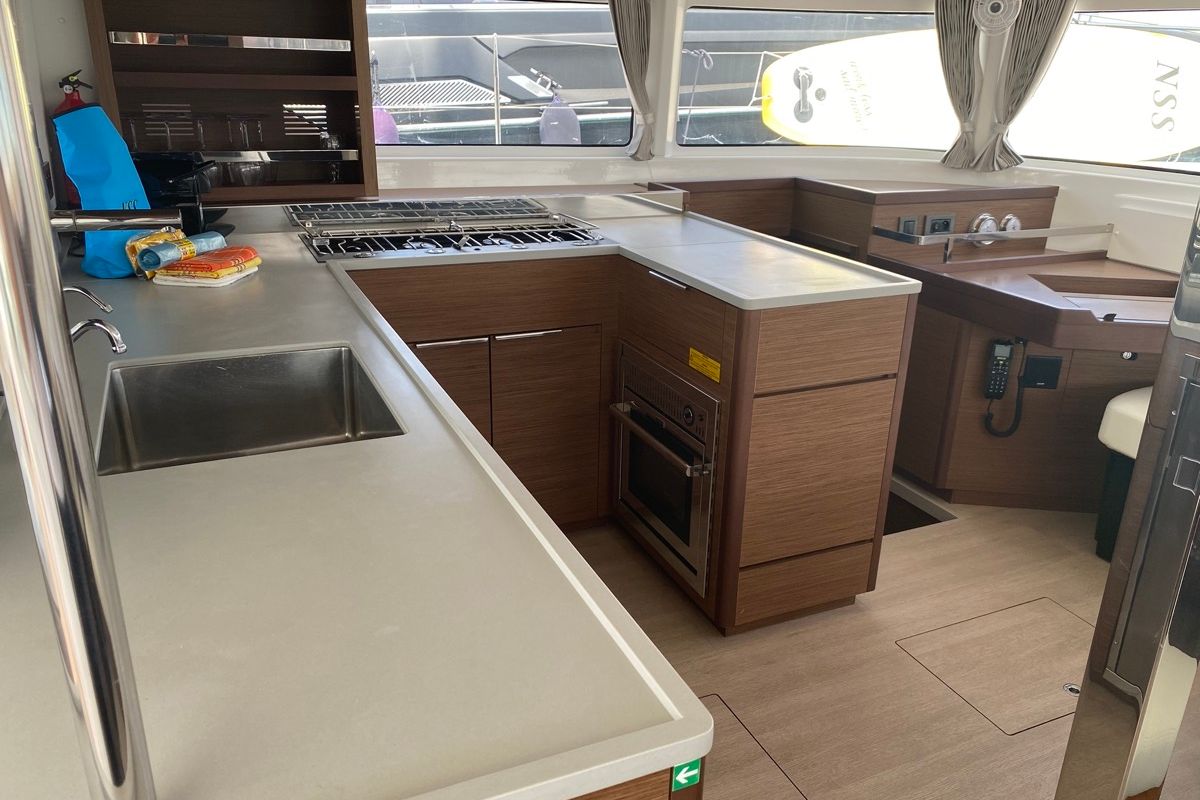 Galley of Blue Alma, a Lagoon 46 catamaran at Olbia, Italy