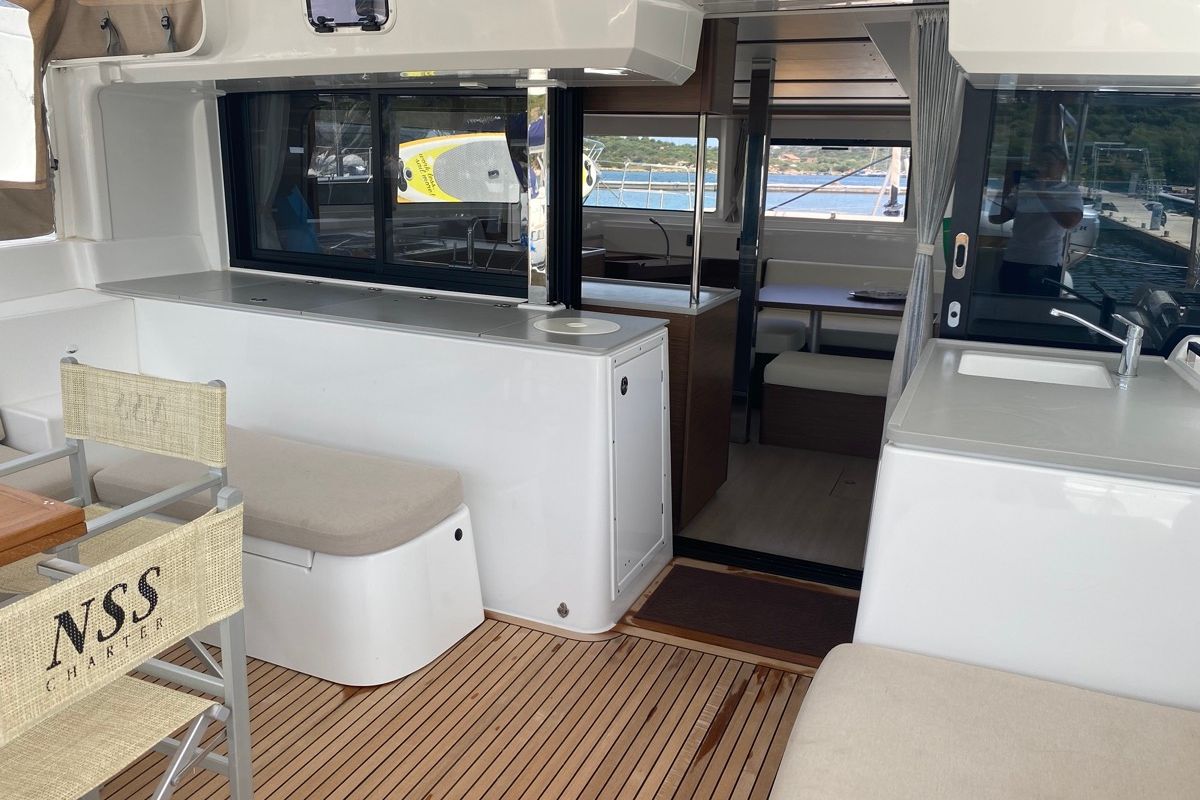 Deck of Blue Alma, a Lagoon 46 catamaran at Olbia, Italy