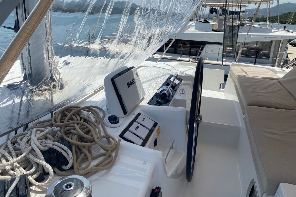 Cockpit of Blue Alma, a Lagoon 46 catamaran at Olbia, Italy