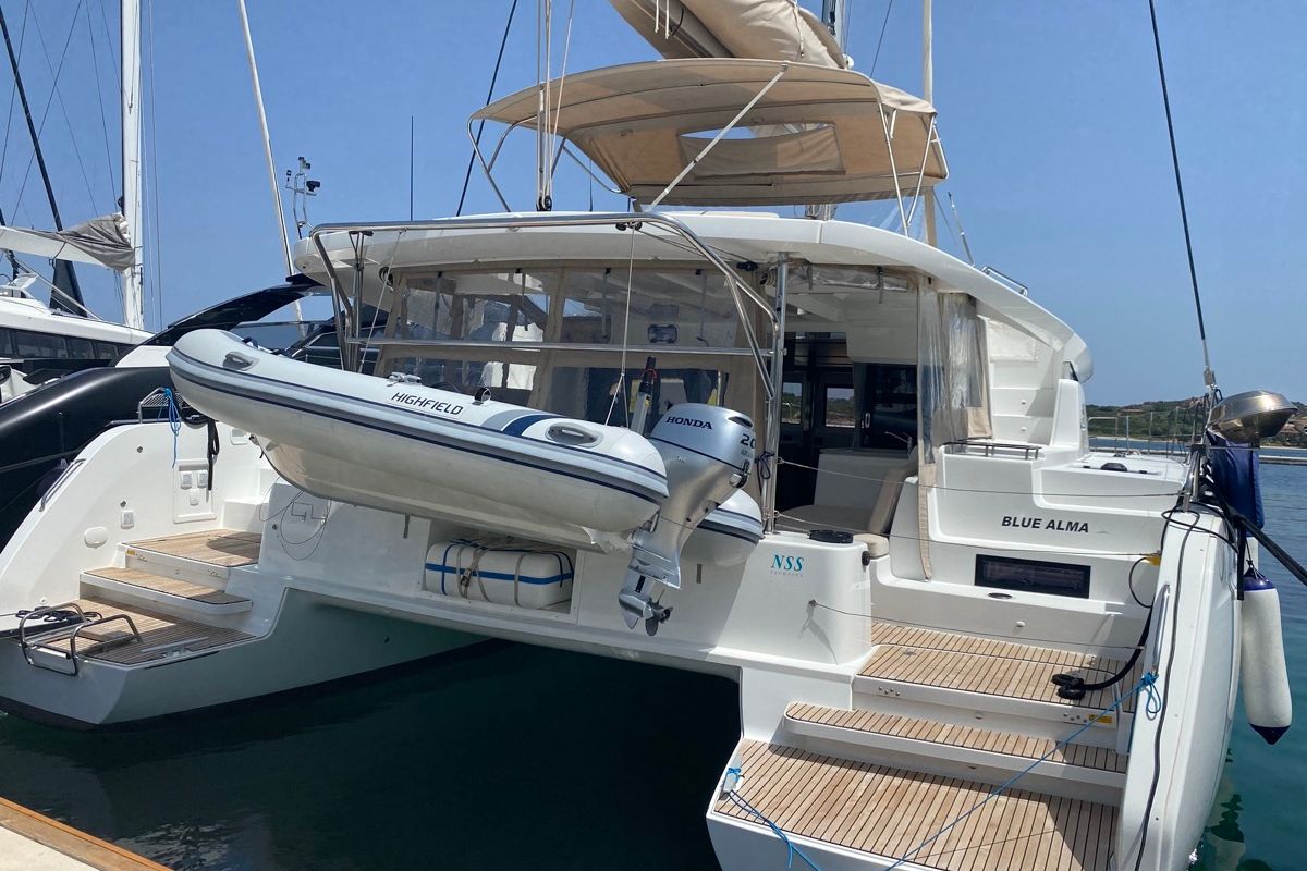 Exterior view of Blue Alma, a Lagoon 46 catamaran at Olbia, Italy