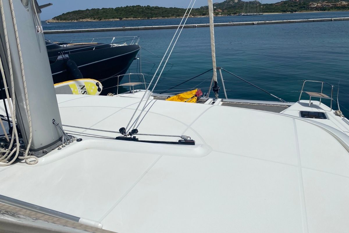 Deck of Blue Alma, a Lagoon 46 catamaran at Olbia, Italy