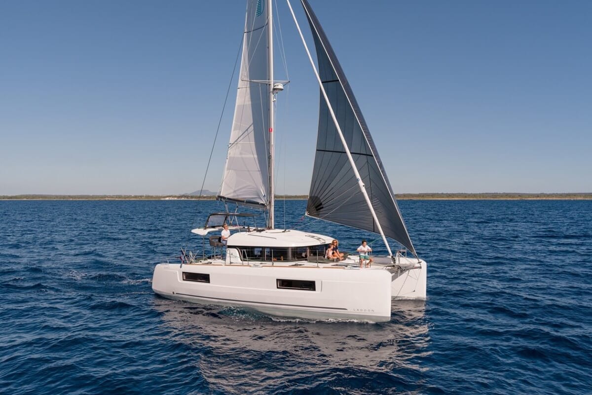 Exterior view of Sailor Moon, a Lagoon 40 catamaran at Dubrovnik, Croatia