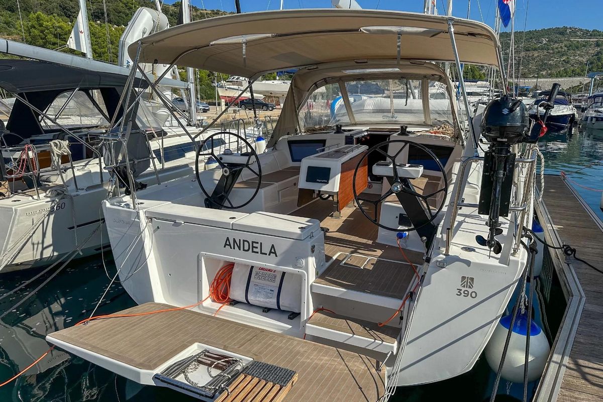 Exterior view of Andela, a Dufour 390 GL sailboat at Primošten, Croatia