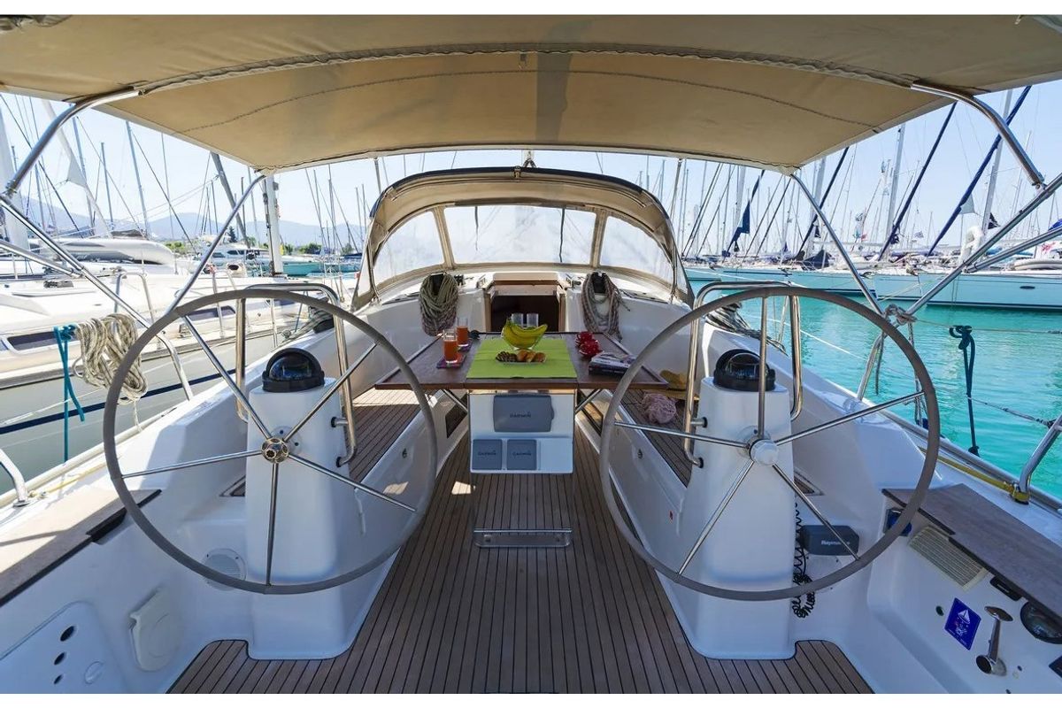 Cockpit of Vlassis, a Bavaria 40 sailboat at Municipal Unit of Lefkada, Greece