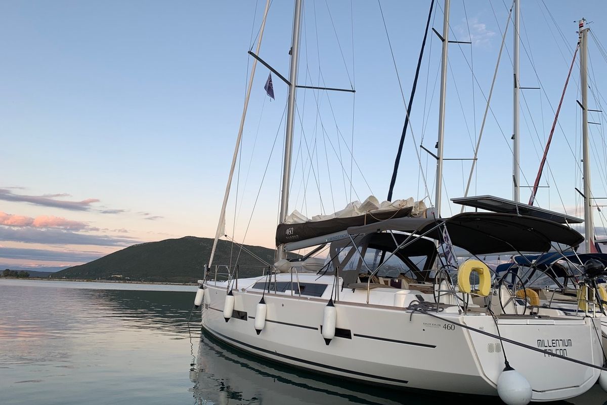 Exterior view of Millennium Falcon, a Dufour 460 GL sailboat at Municipal Unit of Ellomenos, Greece