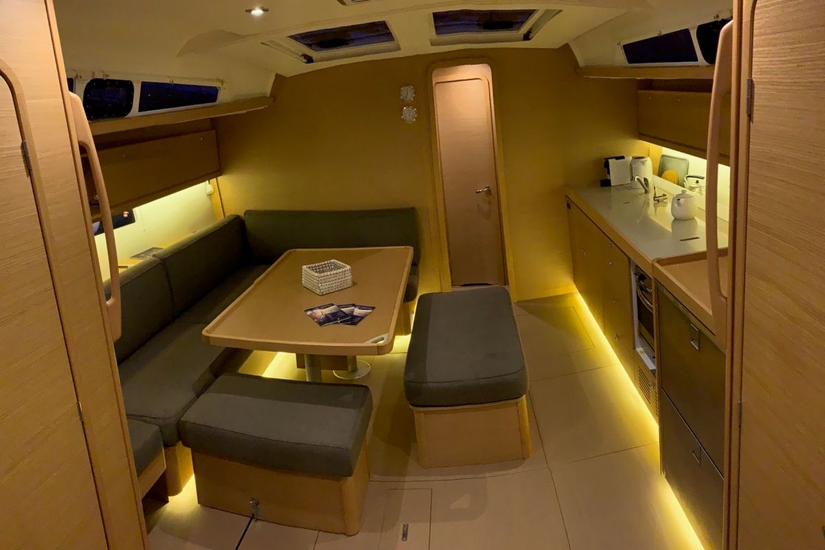 Salon of Millennium Falcon, a Dufour 460 GL sailboat at Municipal Unit of Ellomenos, Greece