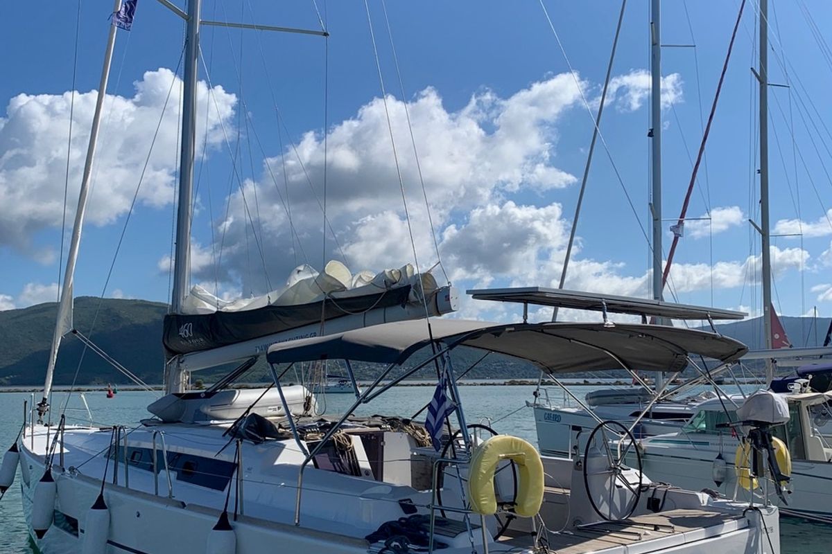 Exterior view of Millennium Falcon, a Dufour 460 GL sailboat at Municipal Unit of Ellomenos, Greece