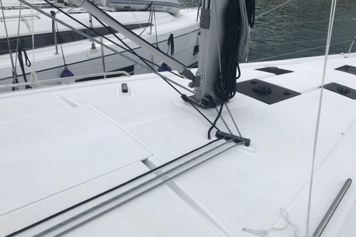 Deck of Agena, a Beneteau Oceanis 41.1 sailboat at Salerno, Italy