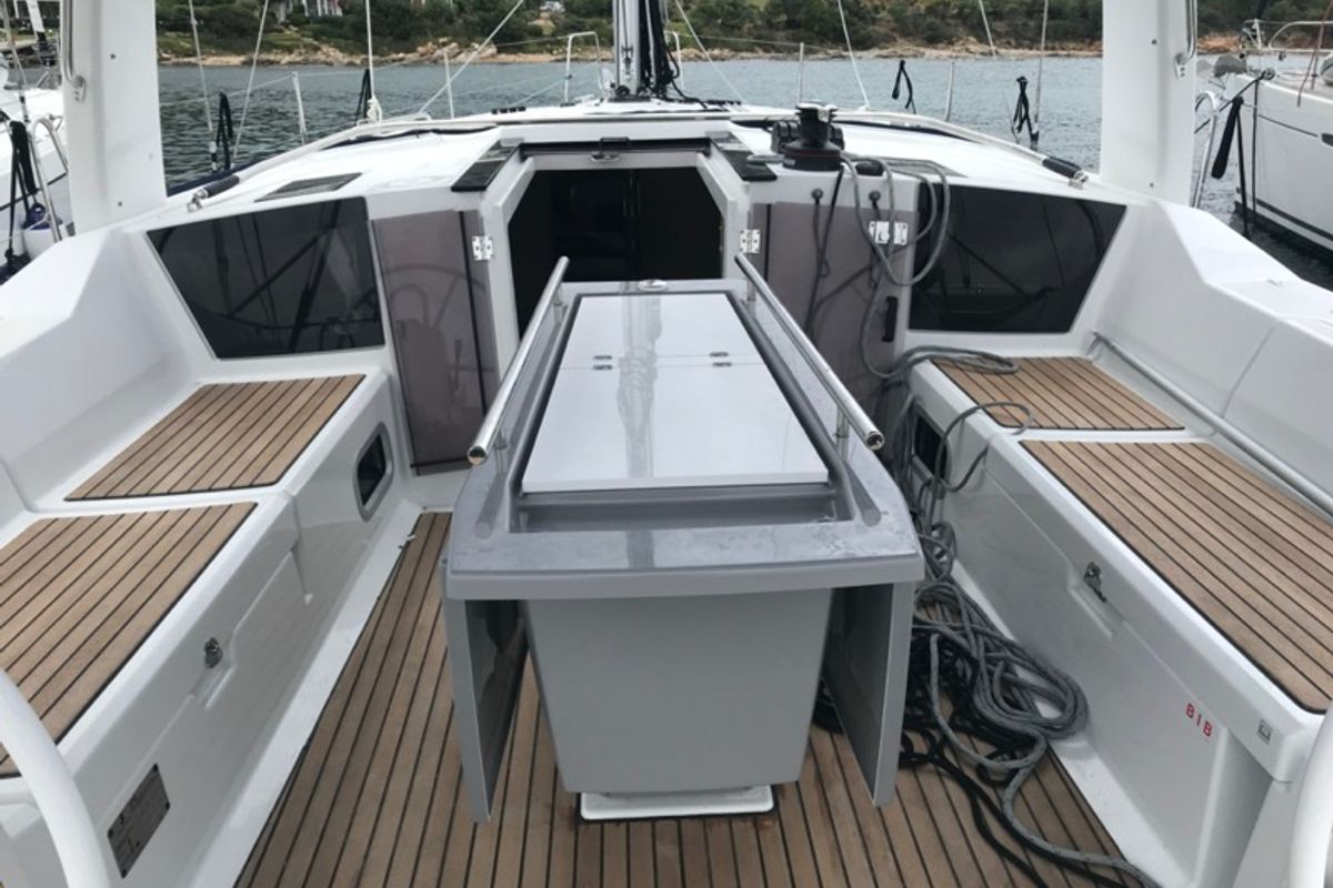 Cockpit of Agena, a Beneteau Oceanis 41.1 sailboat at Salerno, Italy