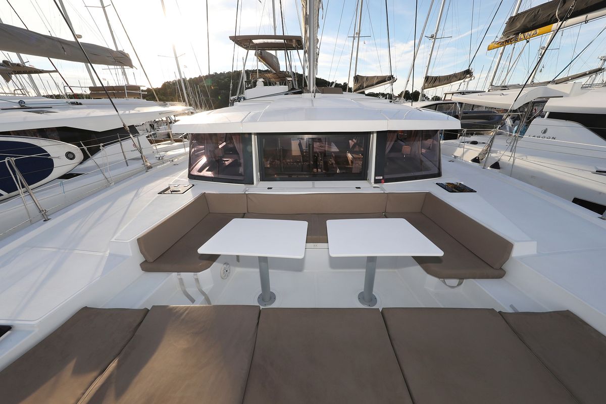 Deck of Indigo Star, a Bali 4.0 catamaran at Općina Rogoznica, Croatia