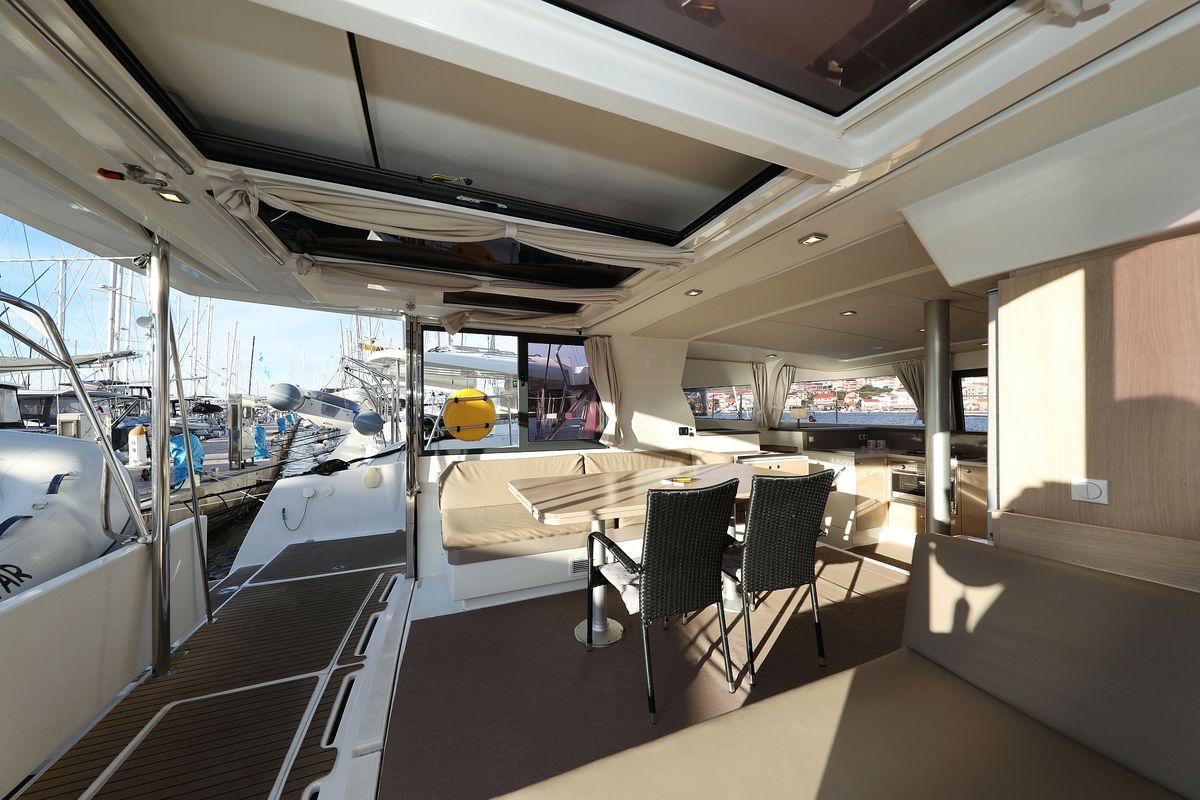 Salon of Indigo Star, a Bali 4.0 catamaran at Općina Rogoznica, Croatia