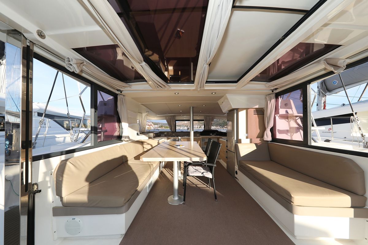 Salon of Indigo Star, a Bali 4.0 catamaran at Općina Rogoznica, Croatia