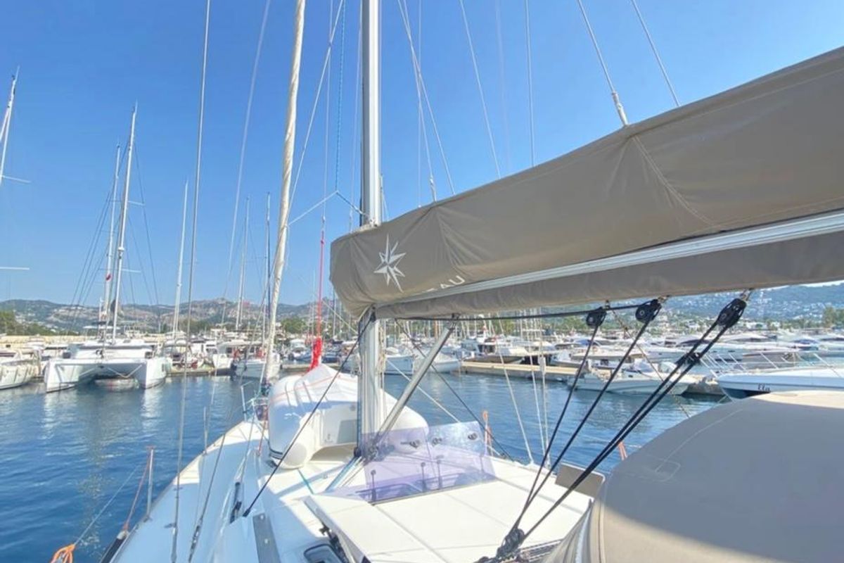 Exterior view of Lucky Rain, a Jeanneau Sun Odyssey 479 sailboat at Fethiye, Turkey