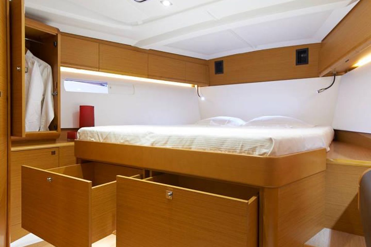 Cabin on Lucky Rain, a Jeanneau Sun Odyssey 479 sailboat at Fethiye, Turkey
