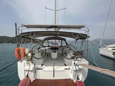 Cockpit of Lucky Rain, a Jeanneau Sun Odyssey 479 sailboat at Fethiye, Turkey