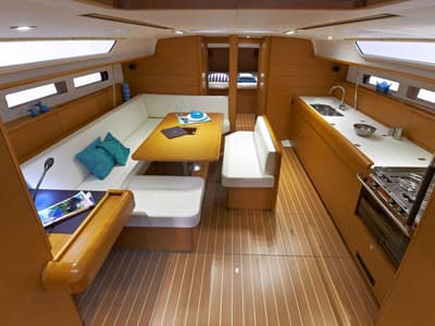 Salon of Lucky Rain, a Jeanneau Sun Odyssey 479 sailboat at Fethiye, Turkey