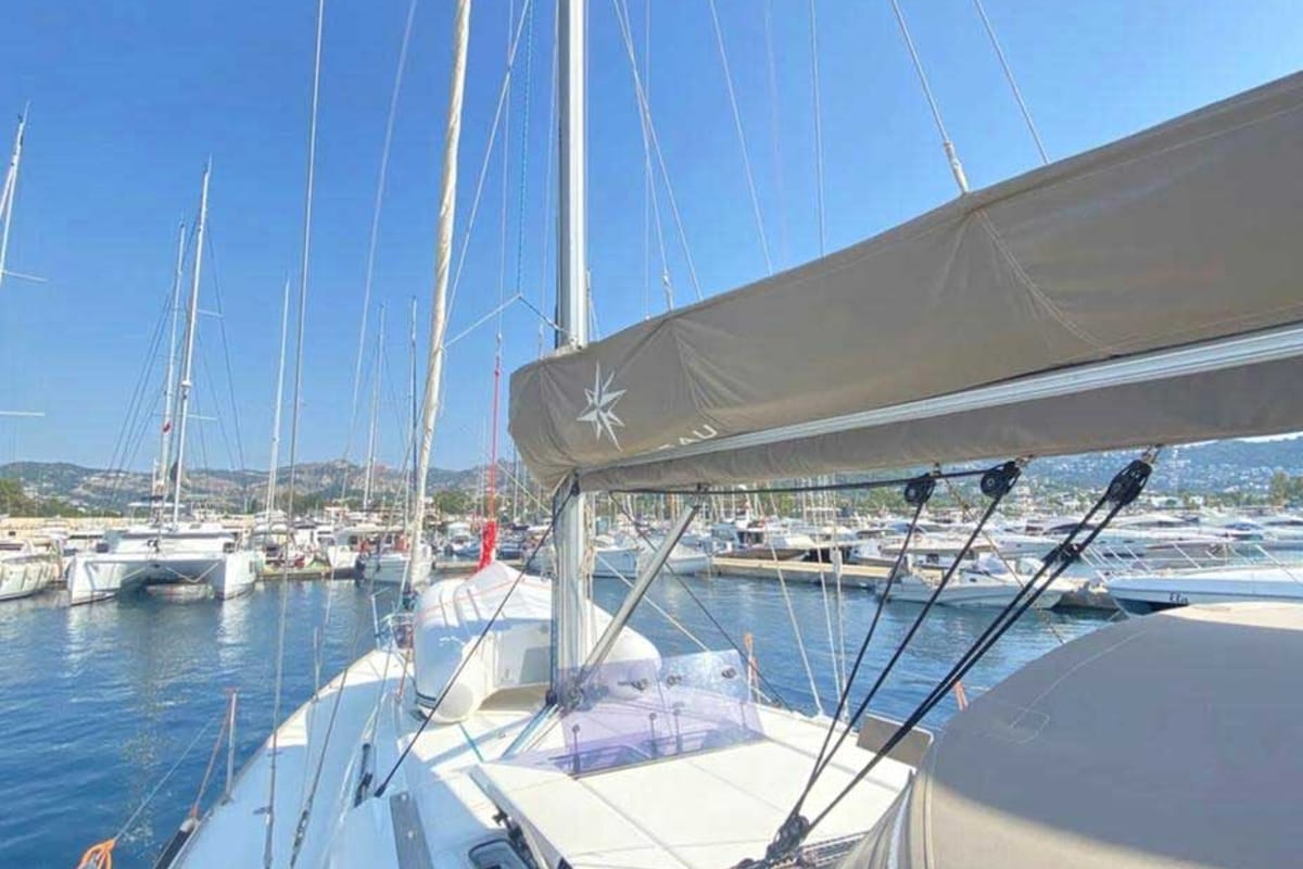 Deck of Lucky Rain, a Jeanneau Sun Odyssey 479 sailboat at Fethiye, Turkey
