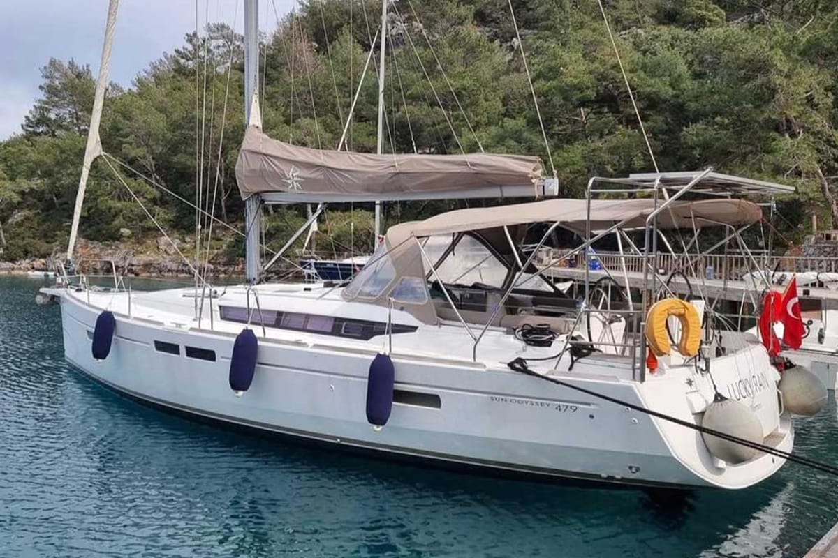 Exterior view of Lucky Rain, a Jeanneau Sun Odyssey 479 sailboat at Fethiye, Turkey
